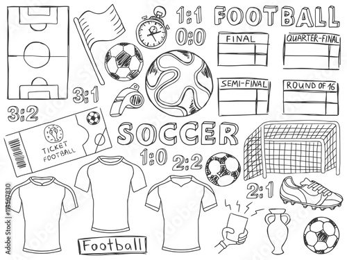 Football doodles set soccer sketch