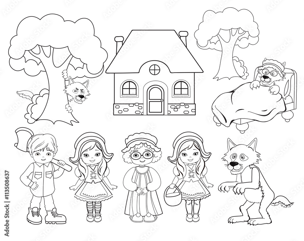 Coloring Little Red Riding Hood Big Set For Education Vector De