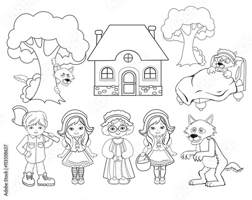 Coloring. Little red riding hood. Big set for education. 