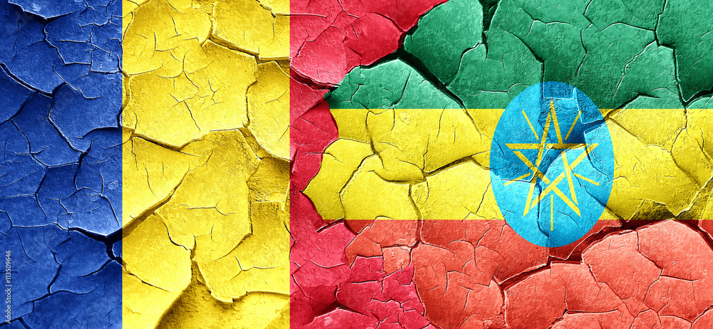 Romania flag with Ethiopia flag on a grunge cracked wall