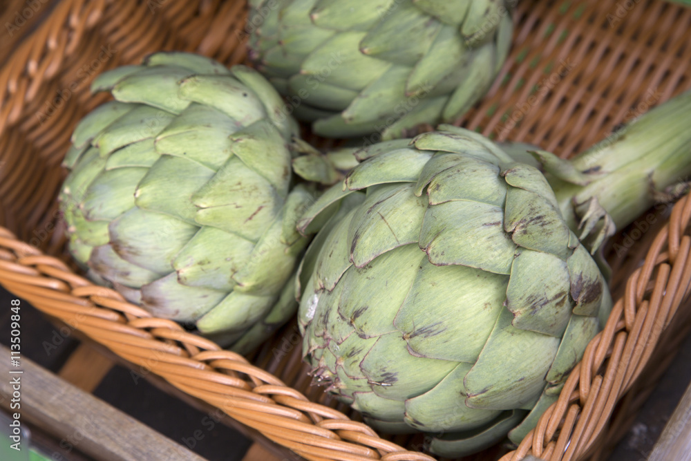 Fototapeta premium Artichokes for Sale on Market Stall, Edinburgh