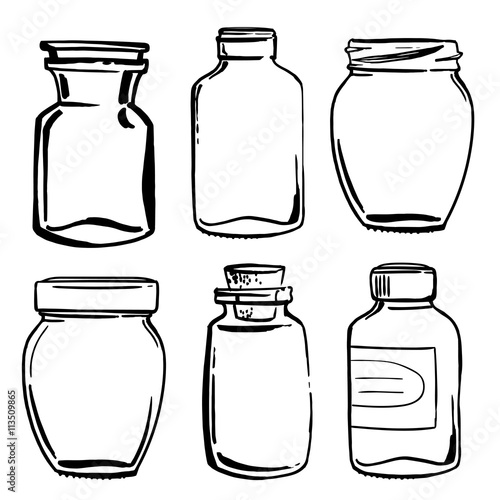 Set jars painted black line on a white background. Sketch jars. Sketch hand.