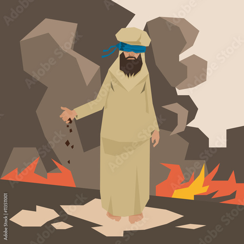 Man with blindfold standing near fire