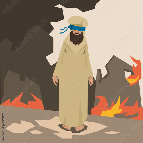 Man with blindfold standing near fire