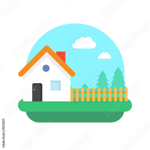 Village home vector illustration on nature landscape, country house with garden fence