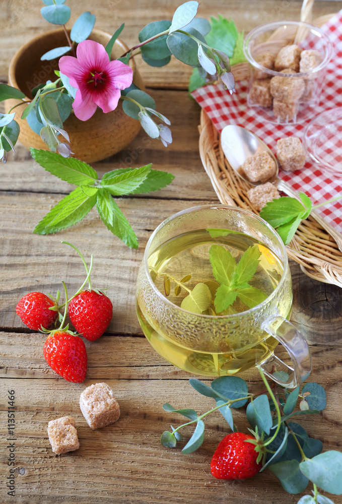 Herbal tea of mint, eucalyptus and strawberry Herbal tea of mint, eucalyptus and strawberry