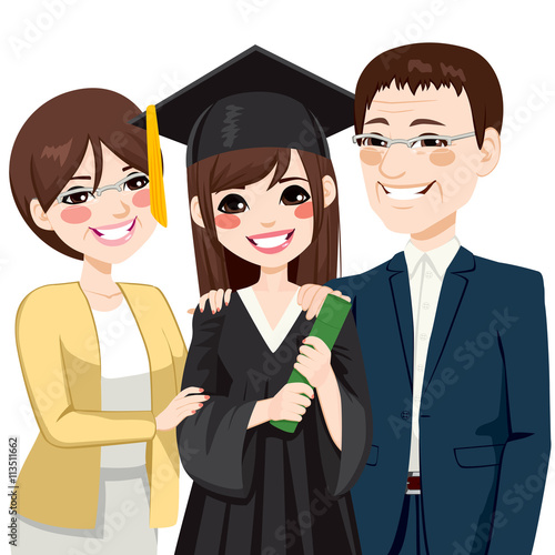 Asian parents standing proud and happy of daughter holding diploma on graduation day ceremony