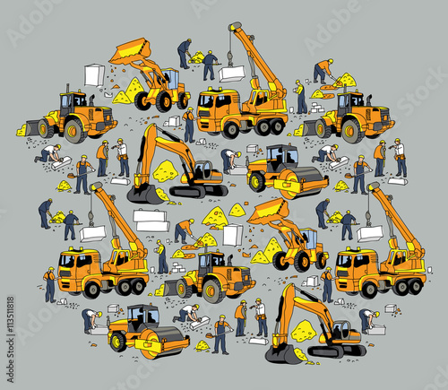 Building construction worker and equipment color objects.