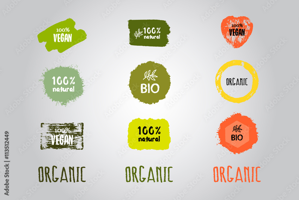 Labels with vegetarian and raw food diet designs. Organic food tags and elements set for meal and drink,cafe, restaurants and organic products packaging.Vector. Labels with vegetarian and raw food diet designs. Organic food tags and elements set for meal and drink,cafe, restaurants and organic products packaging.Vector.