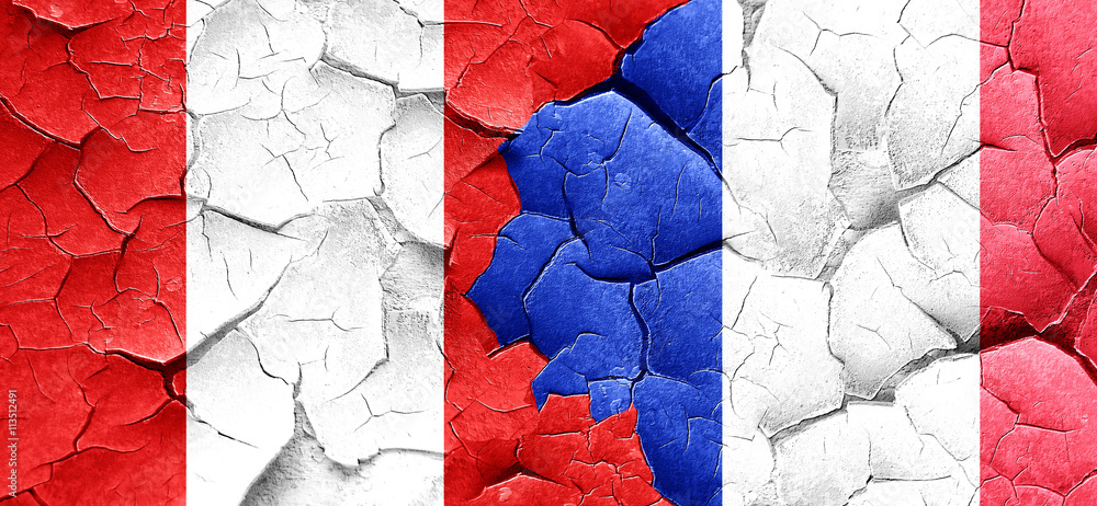 Peru flag with France flag on a grunge cracked wall