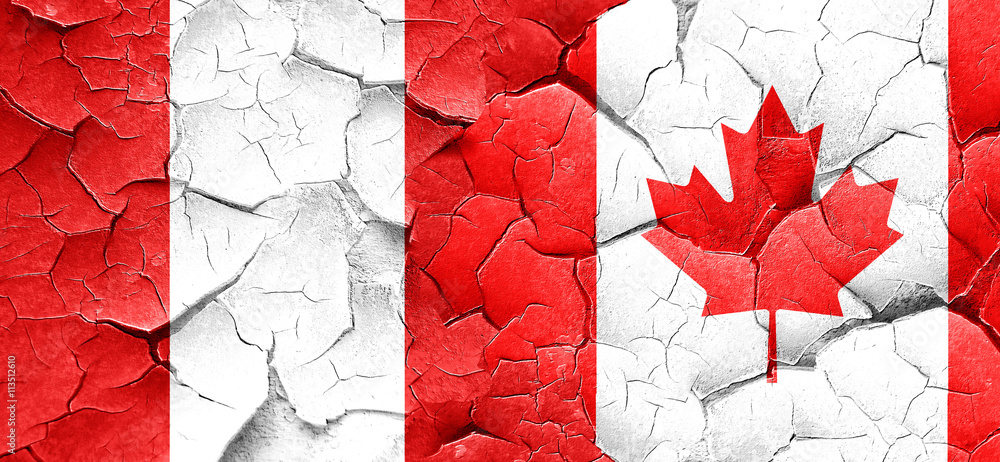 Peru flag with Canada flag on a grunge cracked wall