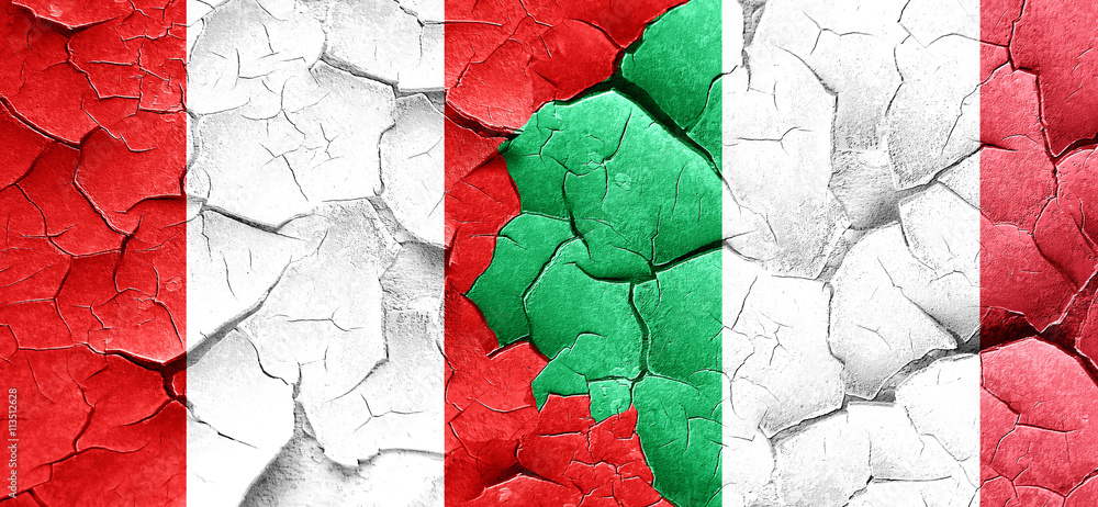 Peru flag with Italy flag on a grunge cracked wall