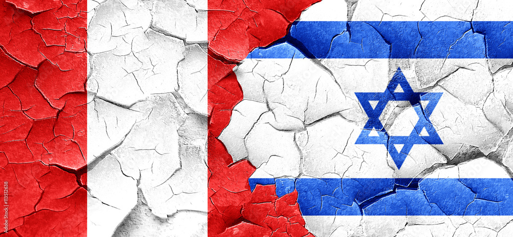 Peru flag with Israel flag on a grunge cracked wall