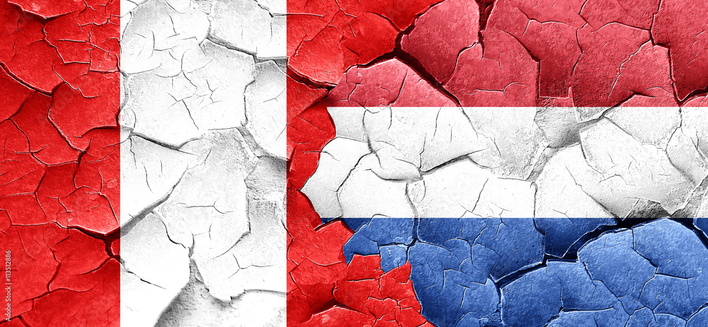 Peru flag with Netherlands flag on a grunge cracked wall