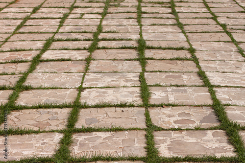 Close-up paving slabs pattern with a sprouted grass