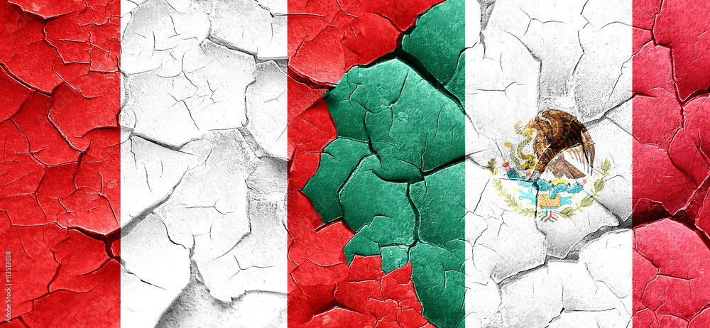 Peru flag with Mexico flag on a grunge cracked wall
