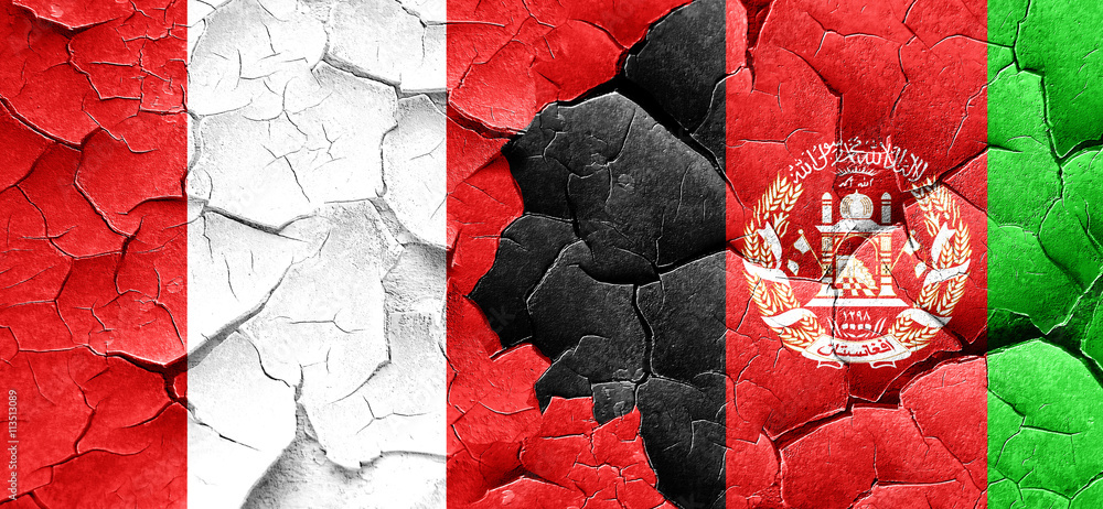 Peru flag with afghanistan flag on a grunge cracked wall