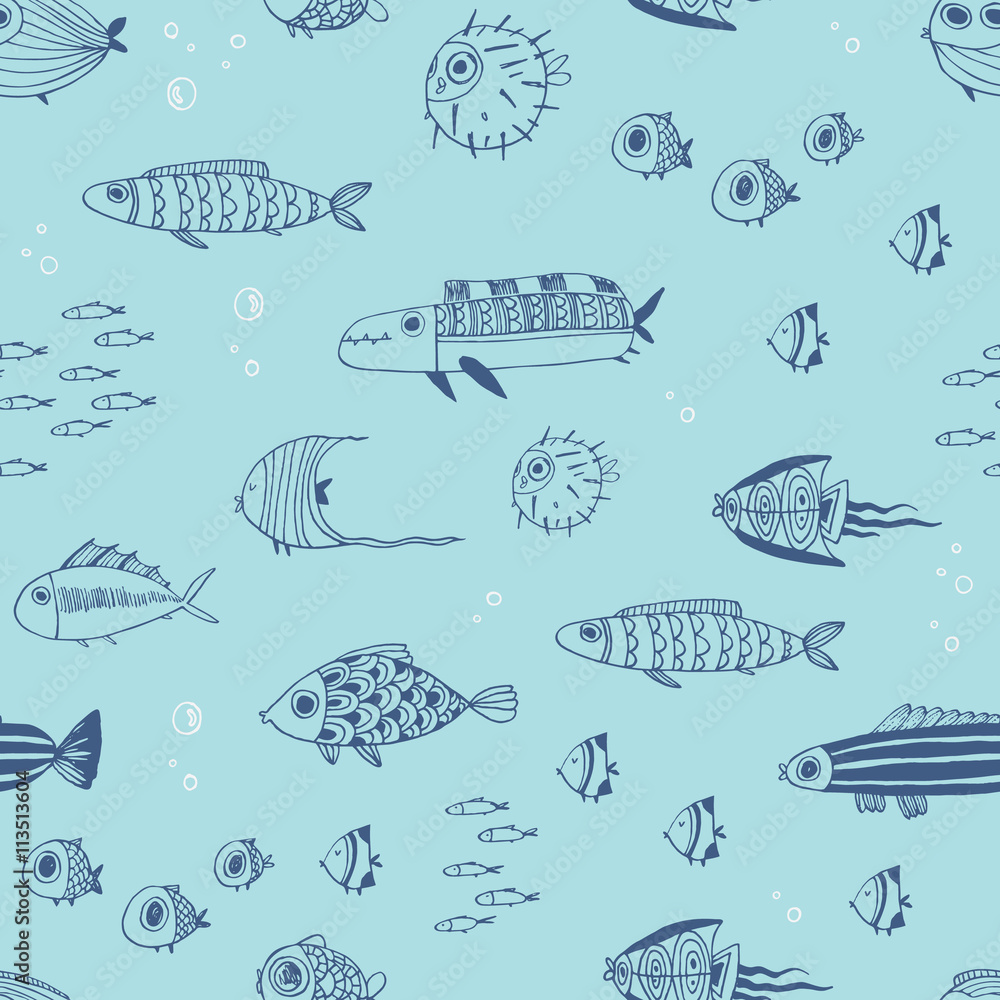 Obraz premium Cute summer fishes. Seamless vector pattern. Perfect for scrapbook paper, fabrics, web.