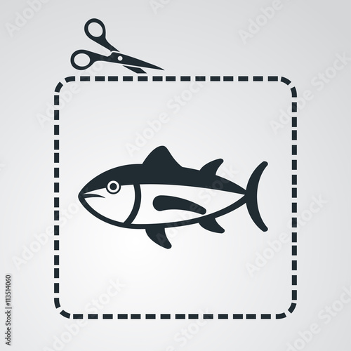 Icono plano tijeras cortando cupón con pescado en fondo degradado