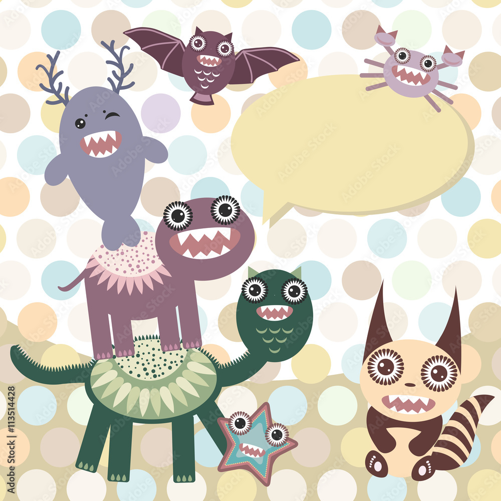Polka dot background, pattern. Funny cute dinosaur monsters on dot background. Vector Polka dot background, pattern. Funny cute dinosaur monsters on dot background. Vector