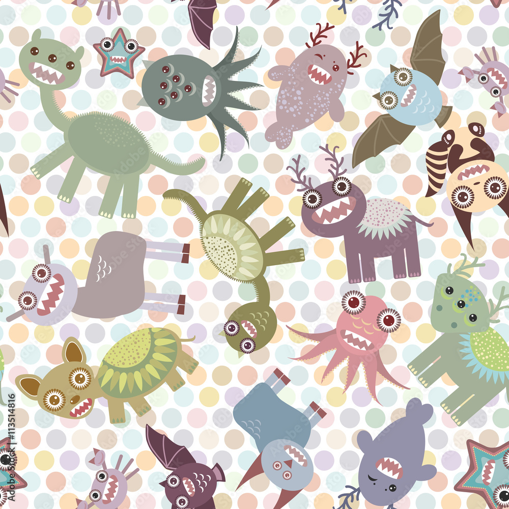Polka dot background, seamless pattern. Funny cute dinosaur monsters. Vector