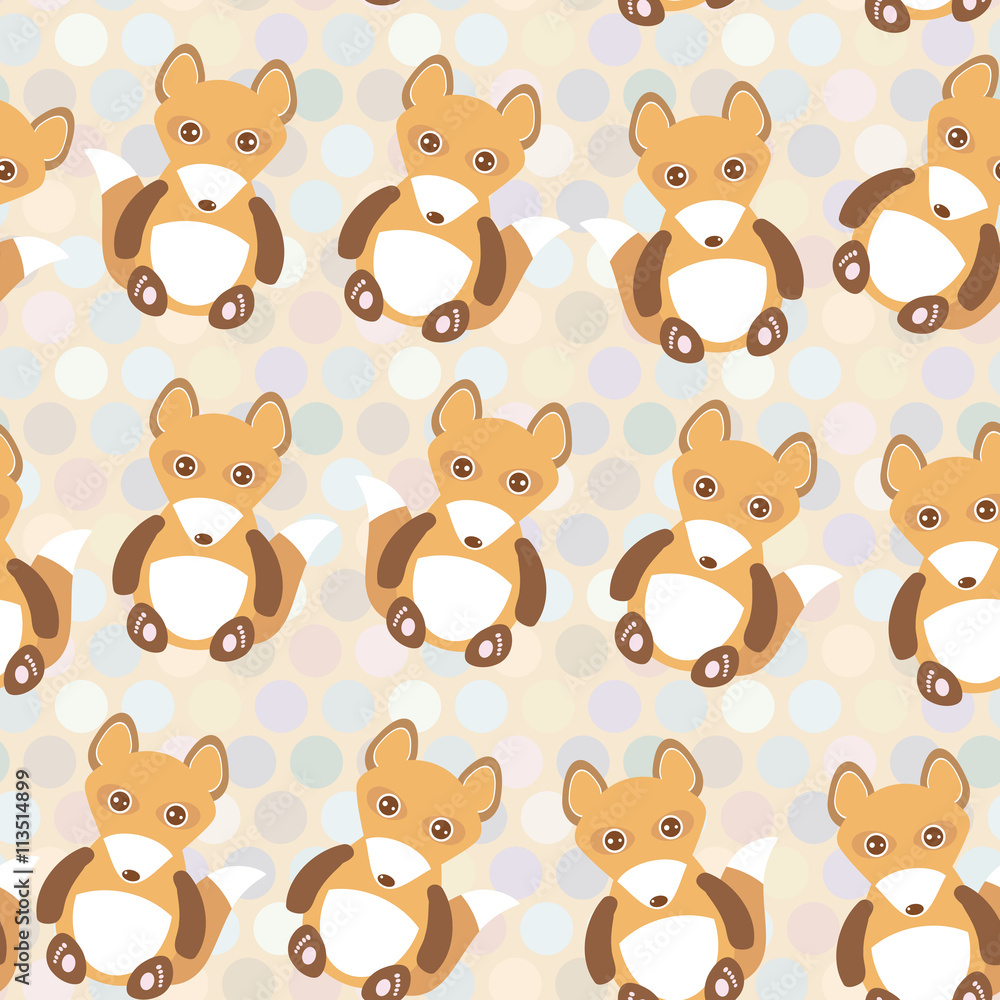 Polka dot background, pattern. Funny cute fox on dot background. Vector