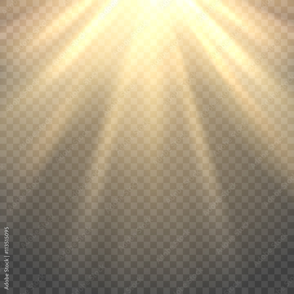 Vector sunlight. Sun beams or sun rays on transparent background Stock
