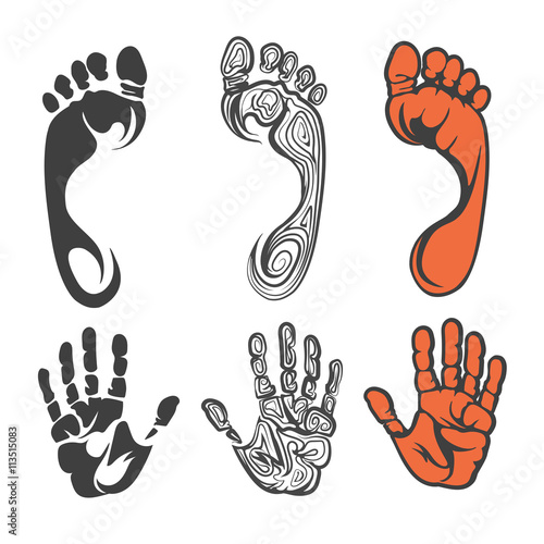 Vector black red and linear foot print and hand print silhouettes