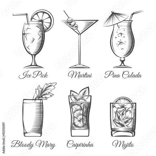 Engraving cocktails. Alcoholic cocktails hand drawn sketch vector