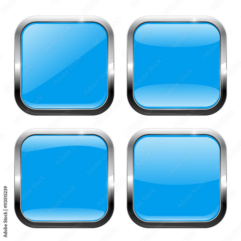Blue square buttons. Glossy icon with metal frame Blue square buttons. Glossy icon with metal frame