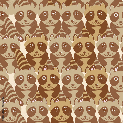  Funny cute raccoon seamless background, pattern. Vector