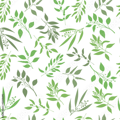 Vector seamless plant background. Endless pattern with green twigs and leaves silhouette.