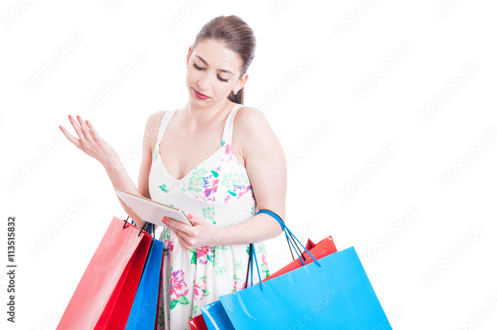 Beautiful woman at shopping making not knowing gesture Beautiful woman at shopping making not knowing gesture