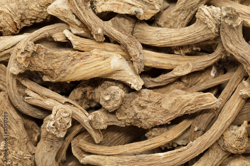 Organic dry Horseradish (Armoracia rusticana) roots. Macro close up background texture. Top view.