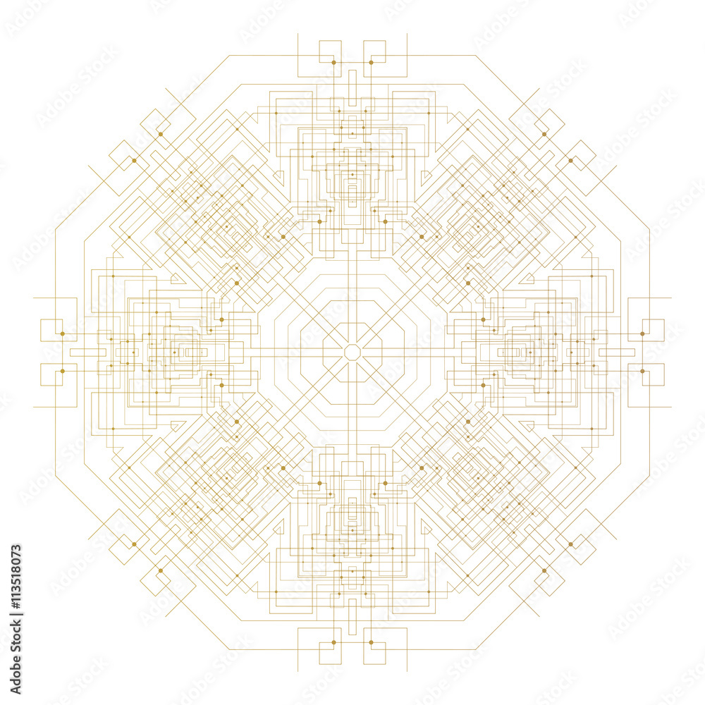 Abstract round technology pattern isolated on white background, golden mandala template with connecting lines and dots, connection structure. Digital scientific vector