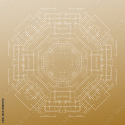 Abstract round technology pattern isolated on golden background, mandala template with connecting lines and dots, connection structure. Digital scientific vector