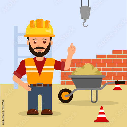 Male foreman at a construction site. Construction of the building. Cartoon vector illustration of a warning about the dangers on a construction site.