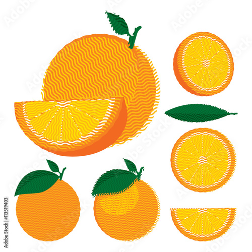 Set of whole and halved oranges with leaves, flat illustration