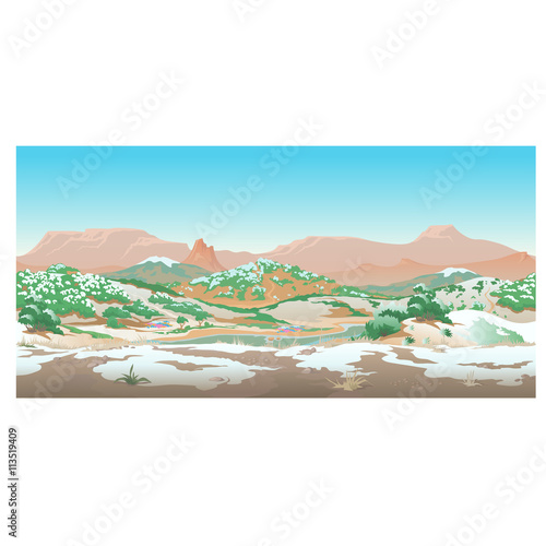 Natural desert landscape, valley in early spring