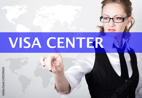 visa center written in search bar on virtual screen. Internet technologies in business and home. woman in business suit and tie, presses a finger on a virtual screen