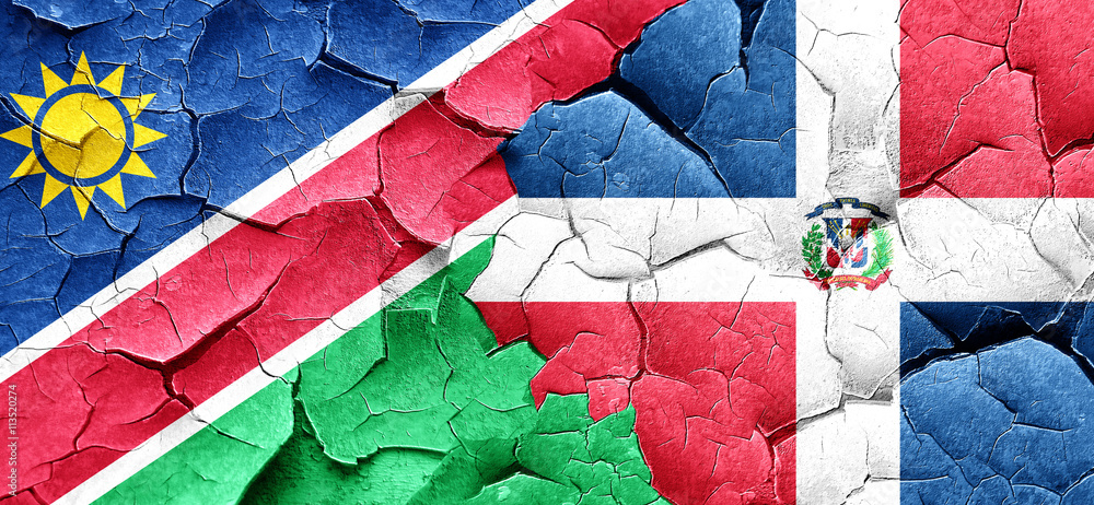 Namibia flag with Dominican Republic flag on a grunge cracked wa