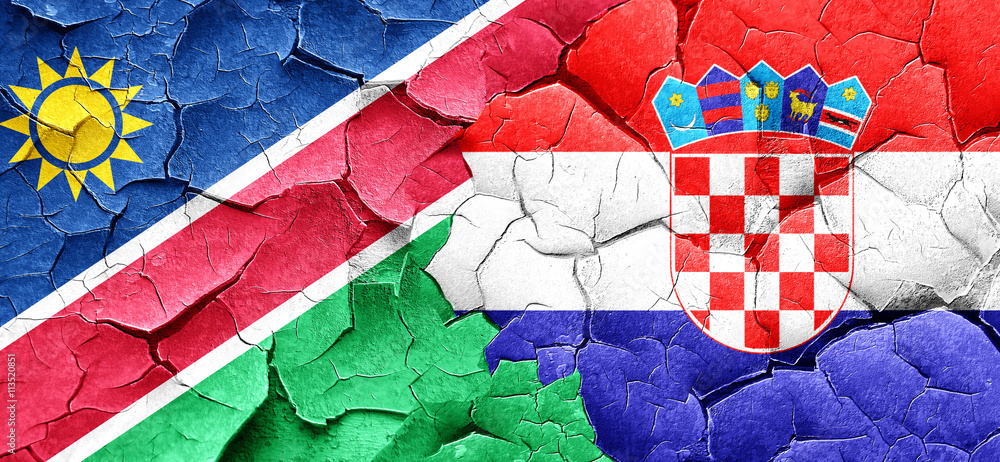 Namibia flag with Croatia flag on a grunge cracked wall