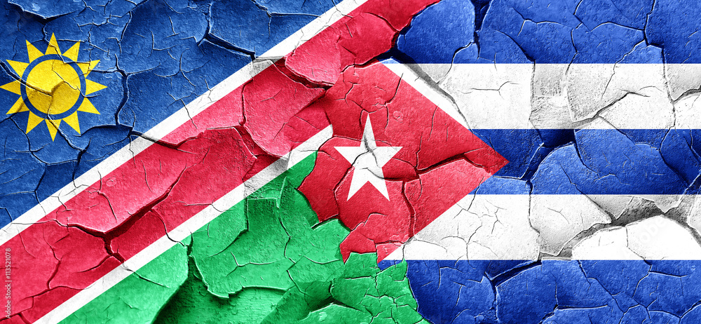 Namibia flag with cuba flag on a grunge cracked wall