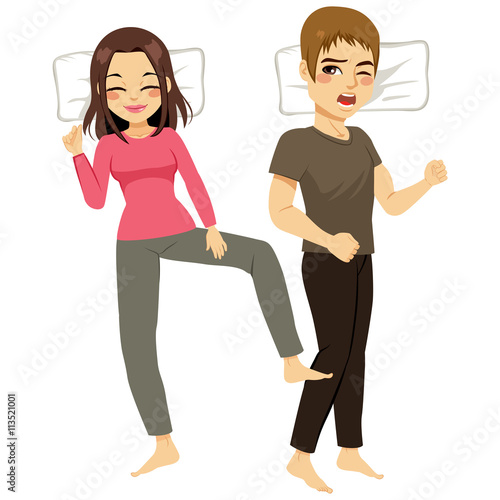Illustration of woman annoying kicking man while sleeping
