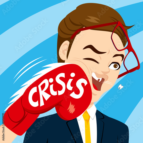 Businessman receives violent punch with boxing glove crisis concept