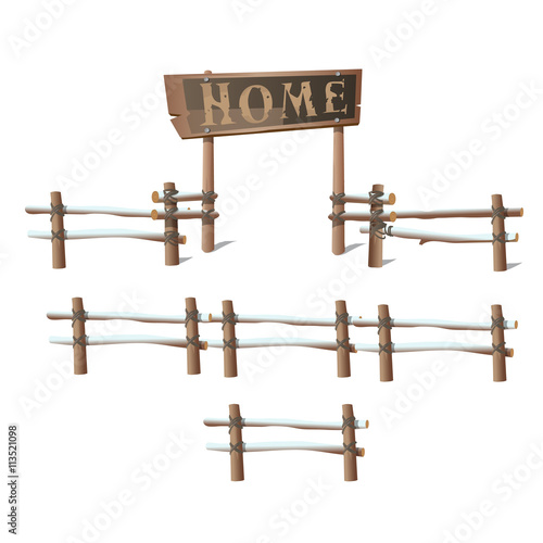 Wooden fence with a sign Home. Vector illustration