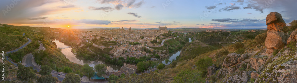 Panoramic view of ancient city and Alcazar on a hill over the Tagus River, Castilla la Mancha, Toledo, Spain.