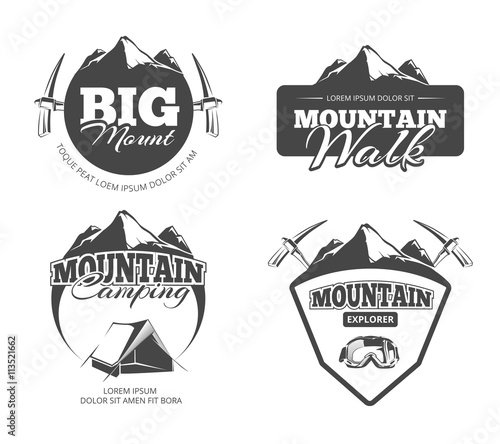 Climbing, trekking, hiking, mountaineering retro vector emblems, labels, badges, logos set