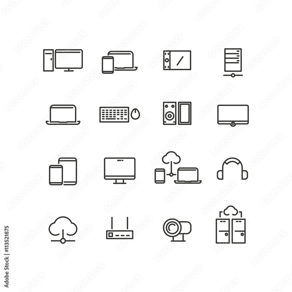 Computers and devices line icons set