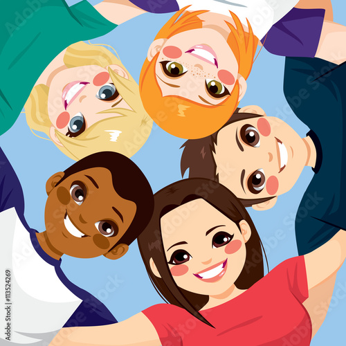 Five happy young smiling teenagers embracing together in circle from low angle view